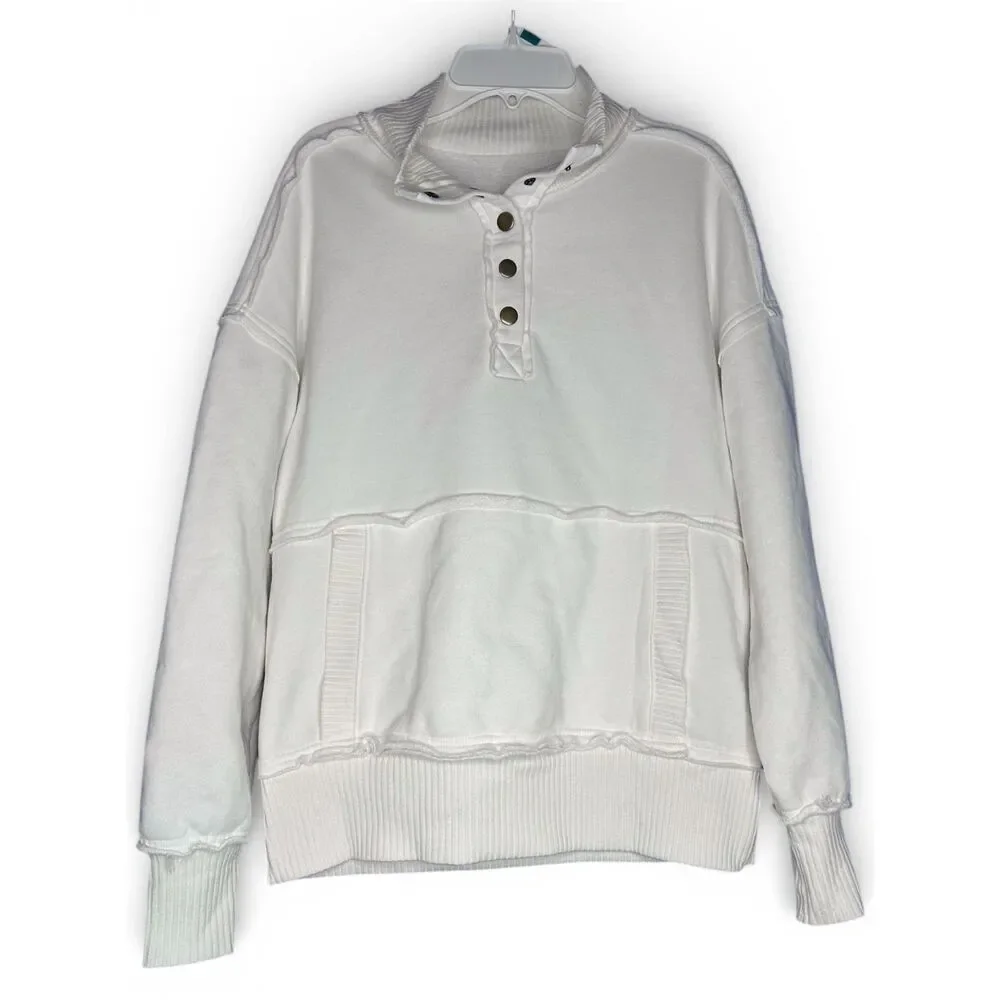 Women's White Mock Neck Snap Henley Sweatshirt Loungewear Soft Kangaroo - XS